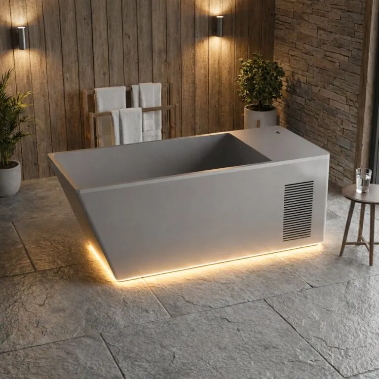 Casa Blui Glacé Eisbad – vor einer Holzwand mit Lichtleiste